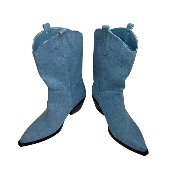 Azalea Wang TooCute Denim Rhinestone Fringed Mid Calf Cowboy Boots Size 7 NEW - Picture 9 of 12